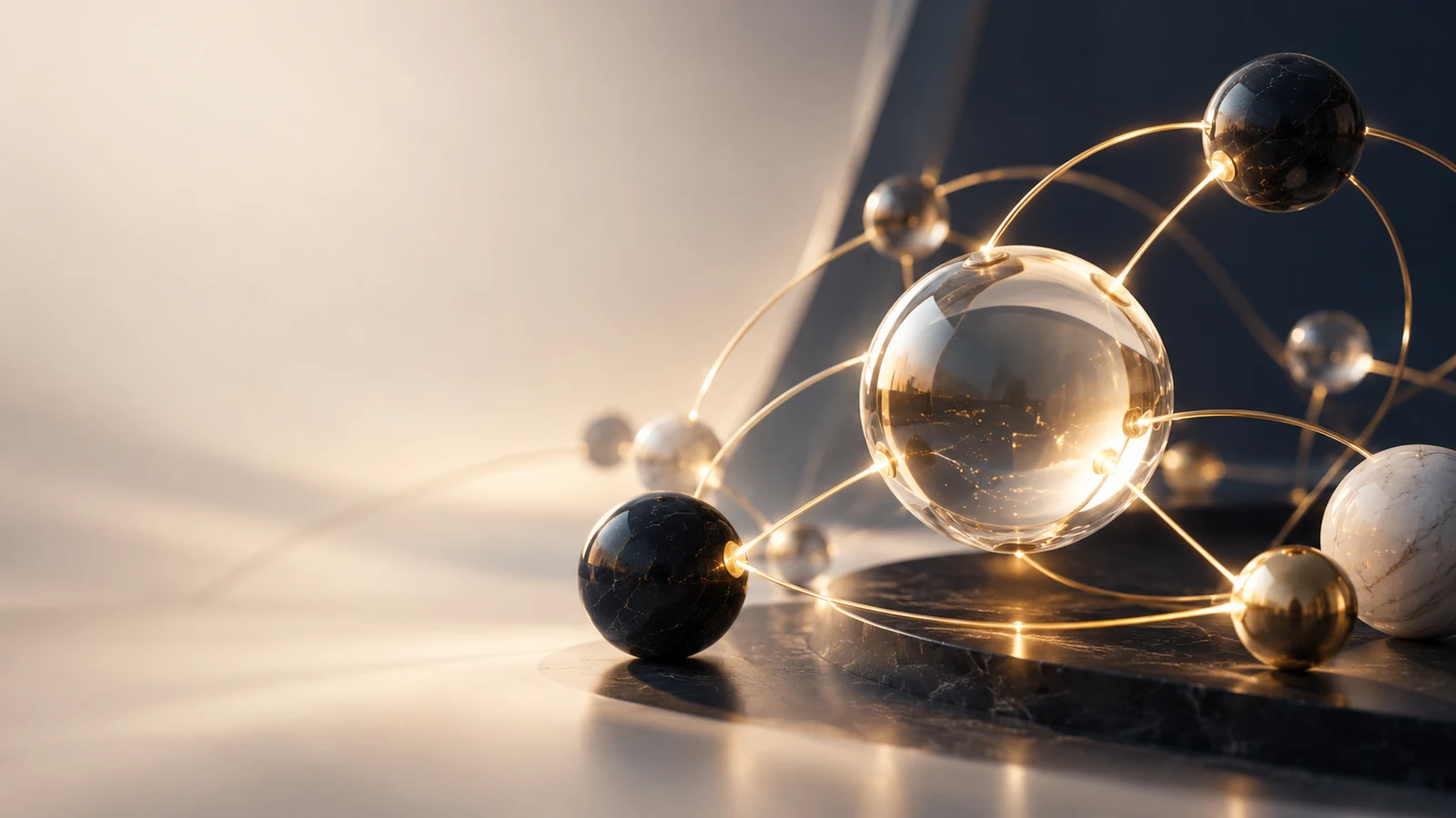 Polished spheres linked by fine gold lines, orbiting a luminous glass sphere